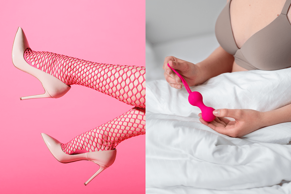 gambe di donna con calze a rete rosa e scarpe col tacco sex toys